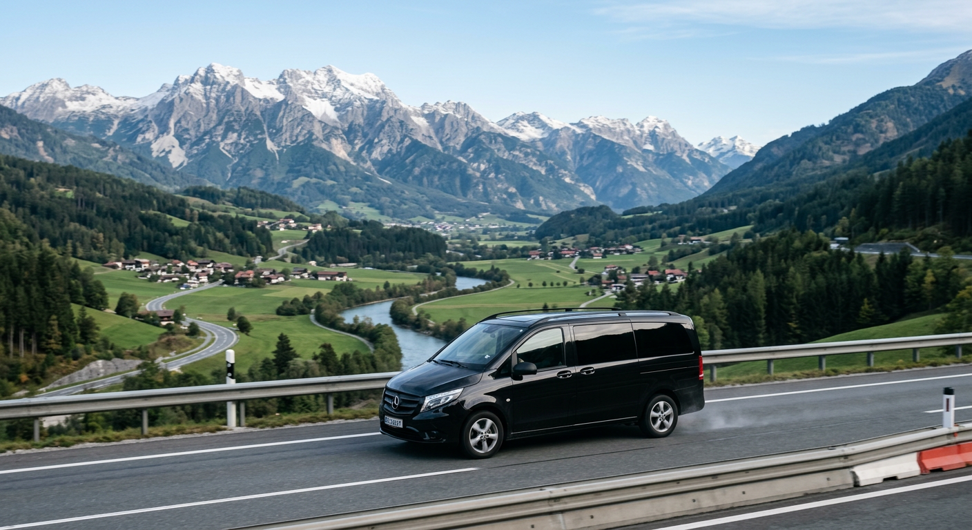 Crni Mercedes-Benz Vito u austrijskom alpskom okruženju