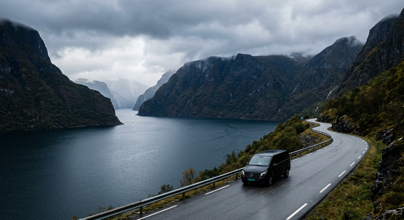 Crni Mercedes-Benz Vito uz norveški fjord